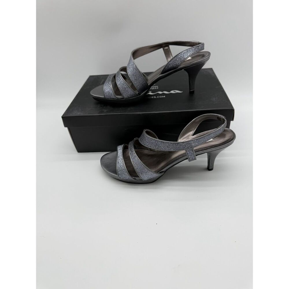 Nina Nolga Pewter Baby Gilt Shoes 8 1/2 M Ladies Heel Sparkle Strappy Sandal
